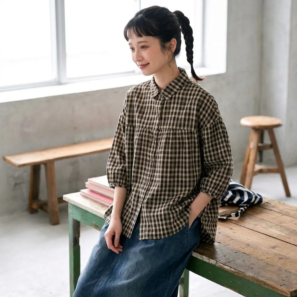 薄手綿麻素材大きめサイズ通勤チェックシャツ チェック柄