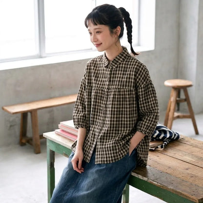 薄手綿麻素材大きめサイズ通勤チェックシャツ チェック柄