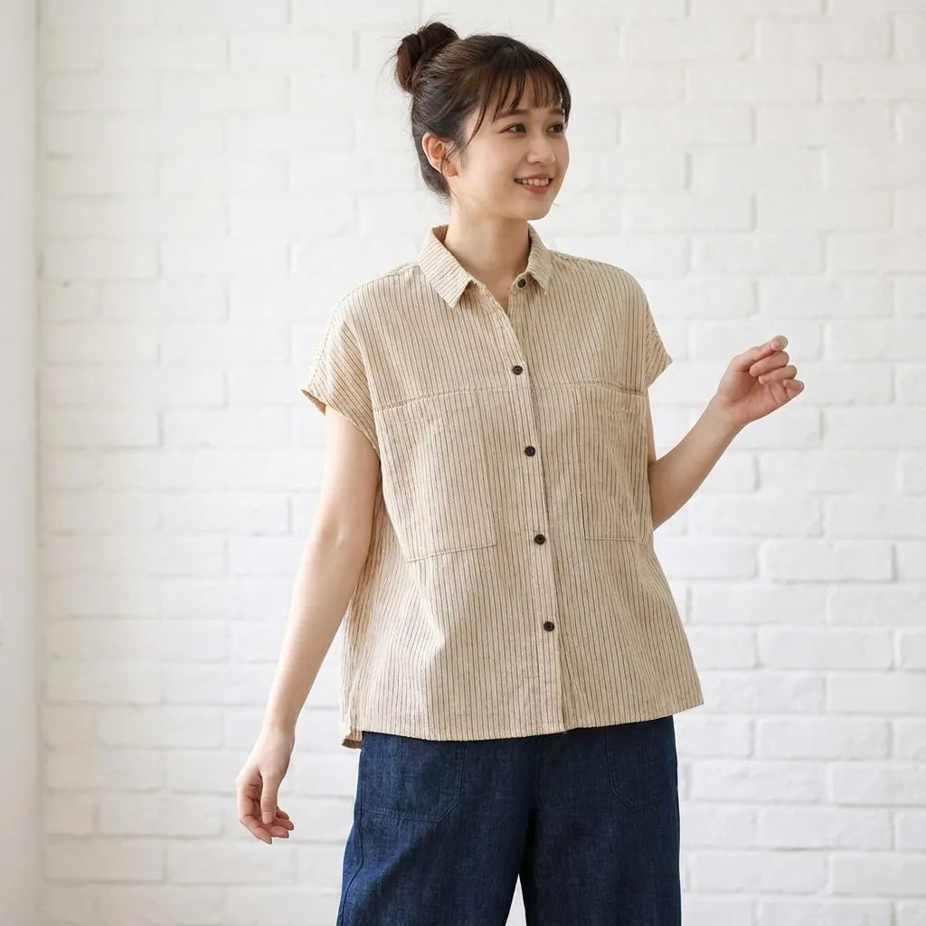 さらり先染綿麻ボーダー上品カラー万能半袖シャツ