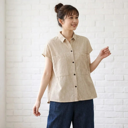 さらり先染綿麻ボーダー上品カラー万能半袖シャツ