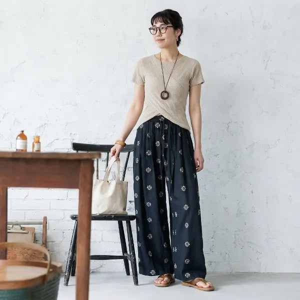 S~XL 綿麻 花柄 レトロ ハイウエスト ゆったり ストレート レディースパンツ