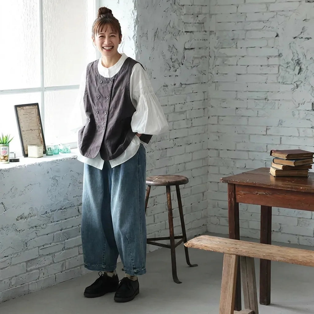 好相性コットンリネンのダブル釦ベスト