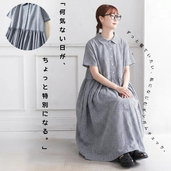 M-2XL 綿麻 POLOネック チェック柄 | デイリー ワンピース