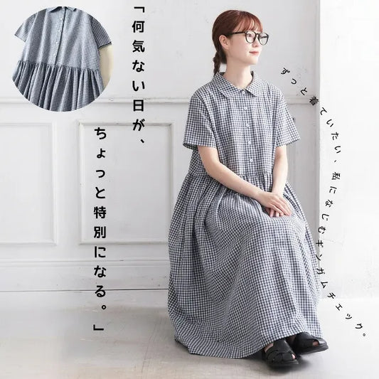 M-2XL 綿麻 POLOネック チェック柄 | デイリー ワンピース