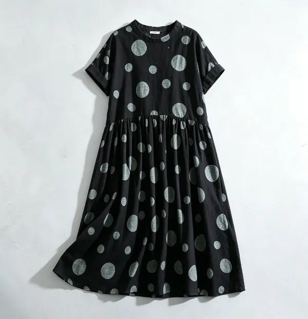 M-2XL 夏でも涼しい カフェ時間に プリーツ ポケット付き ドット柄 レトロ 半袖ワンピース