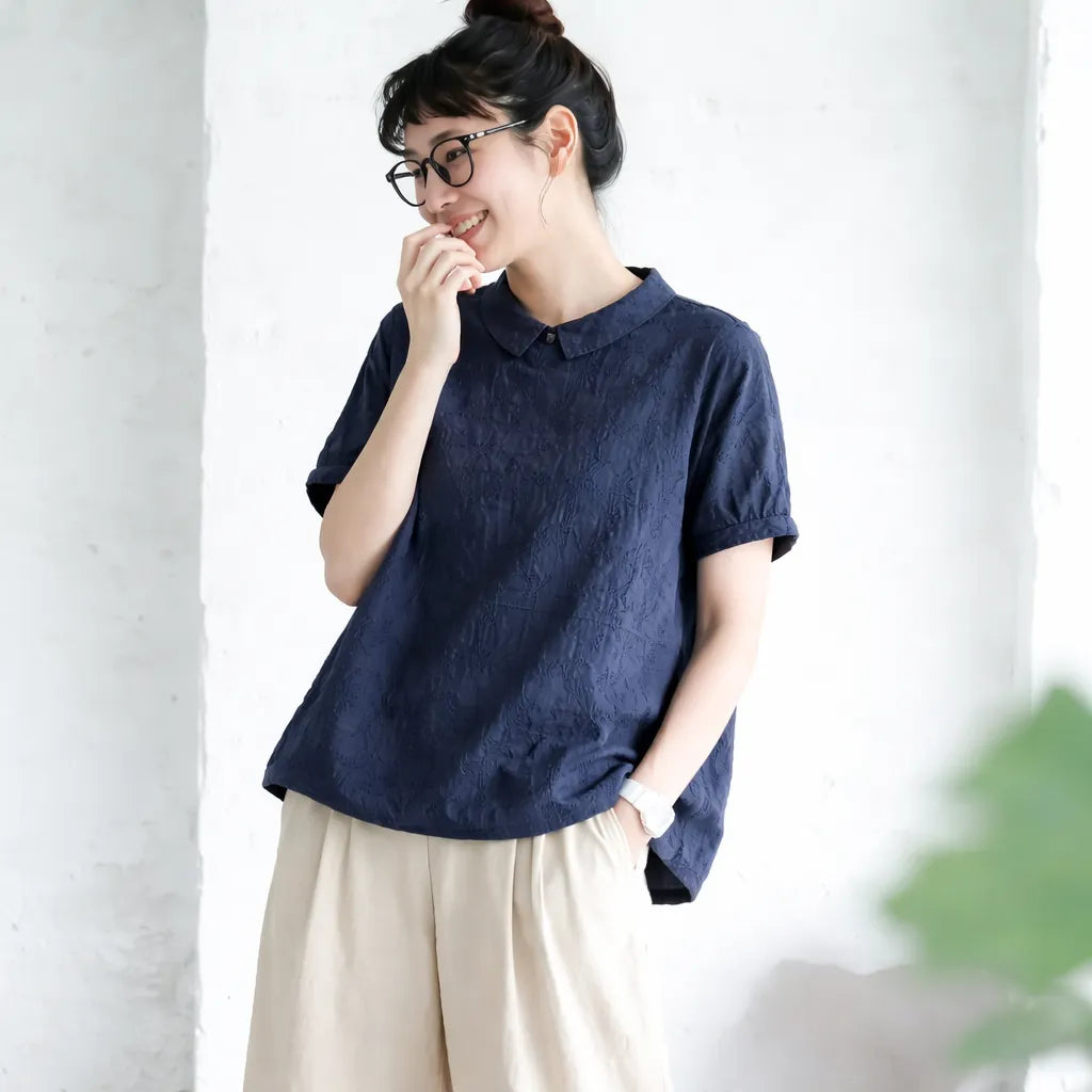 ナチュラル M~2XL リラックス＆レトロな夏の定番アイテム 半袖ブラウス/ダボシャツ・ラクに着られる