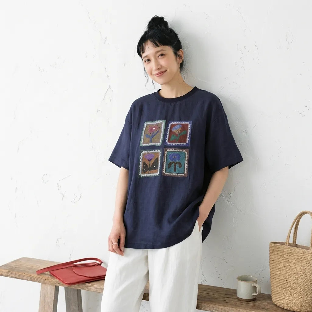 ルーズな雰囲気細見え半袖プルオーバーTシャツ