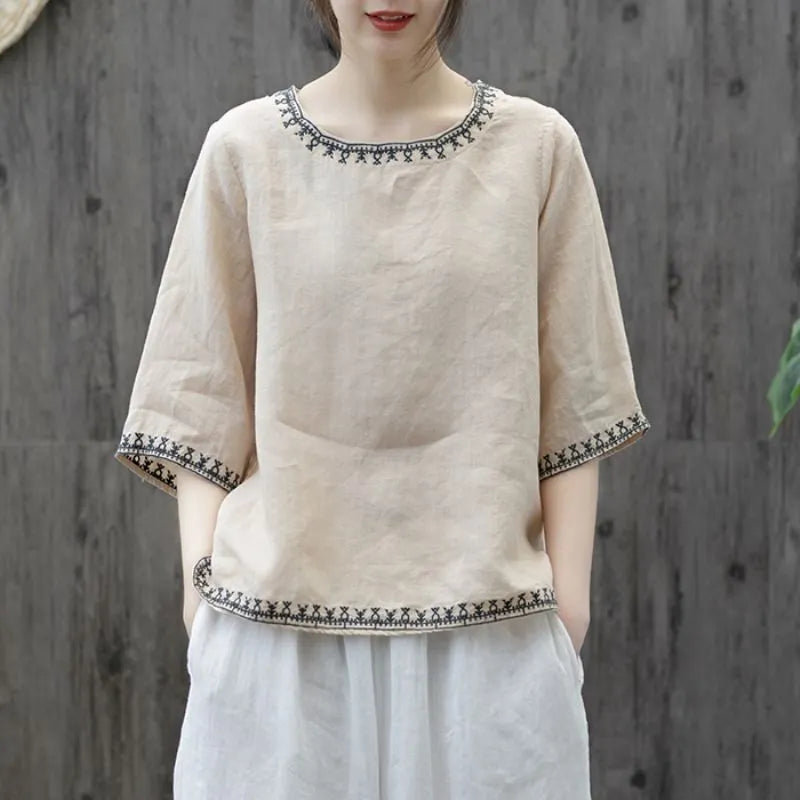 M-3XL 綿麻 ナチュラル 肌触り柔らかい 五分袖 刺繍 無地 毎日使える Tシャツ
