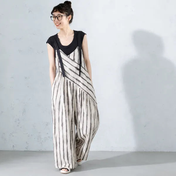 M-XL ロング丈 ハイウエスト ボーダー 半袖 カジュアル オールインワン