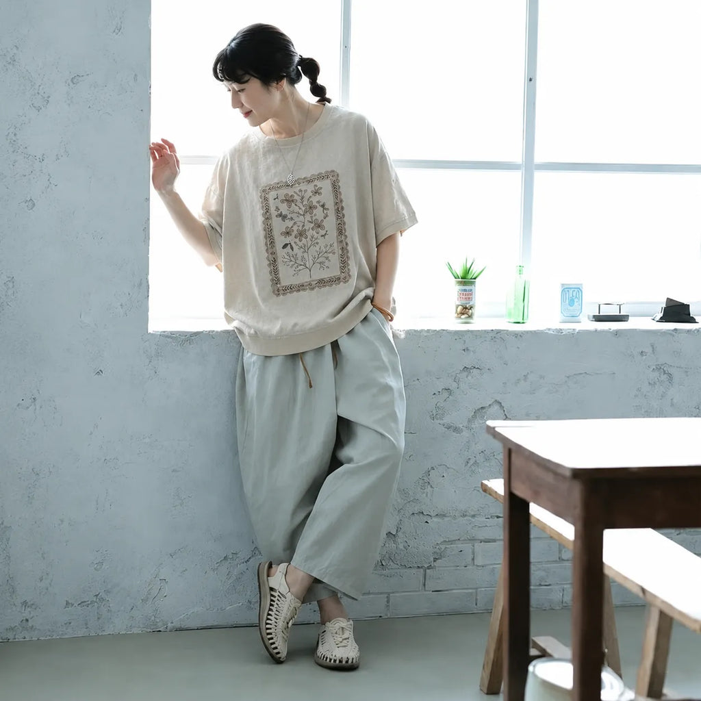 M-2XL ナチュラル プリント コットン混 半袖Tシャツ 体型カバー ルーズ
