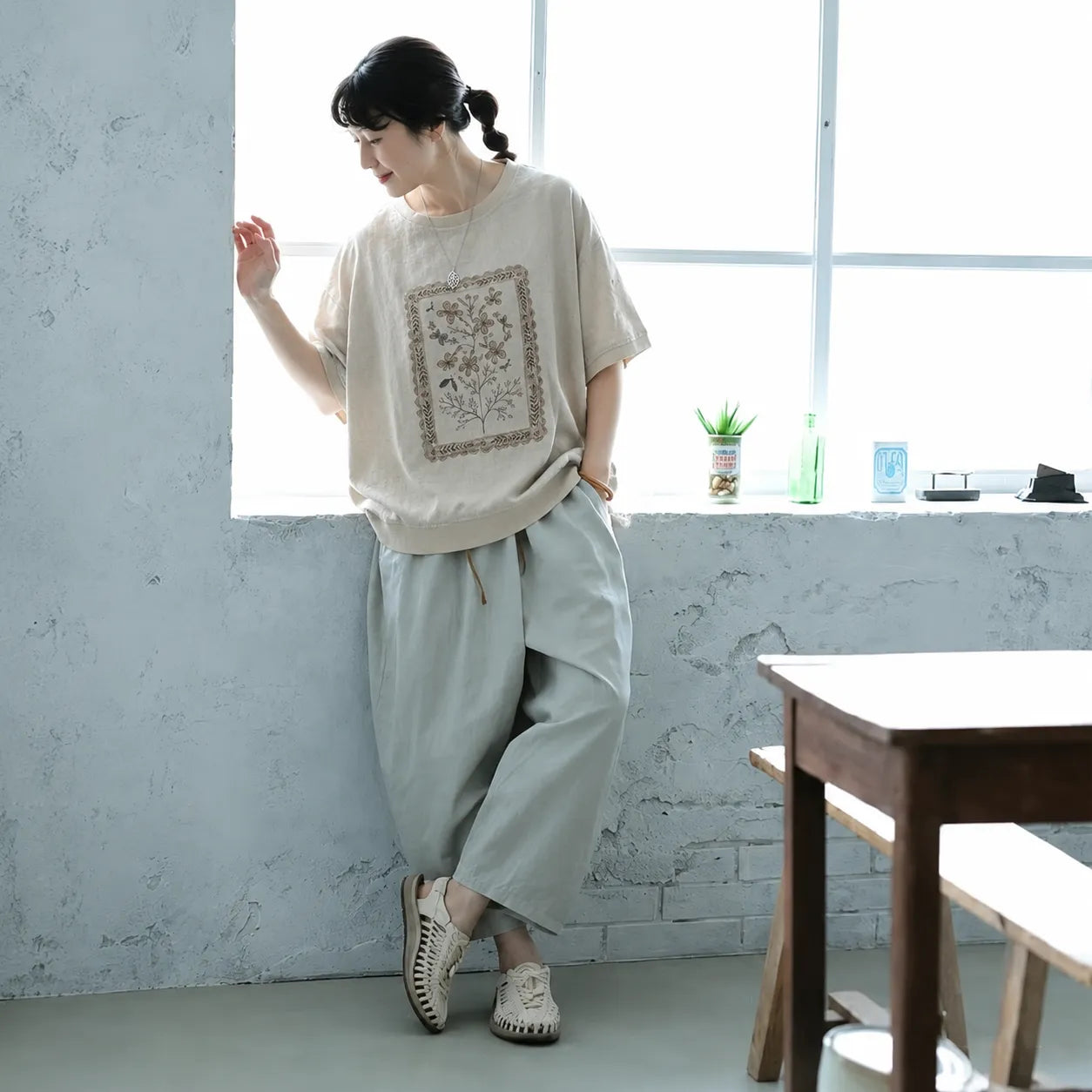 M-2XL ナチュラル プリント コットン混 半袖Tシャツ 体型カバー ルーズ