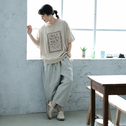 M-2XL ナチュラル プリント コットン混 半袖Tシャツ 体型カバー ルーズ