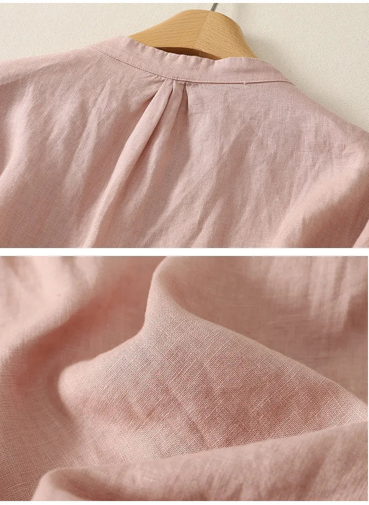 M-2XL ナチュラル 刺繍 レトロ 綿麻 立襟 五分袖 無地 シャツ