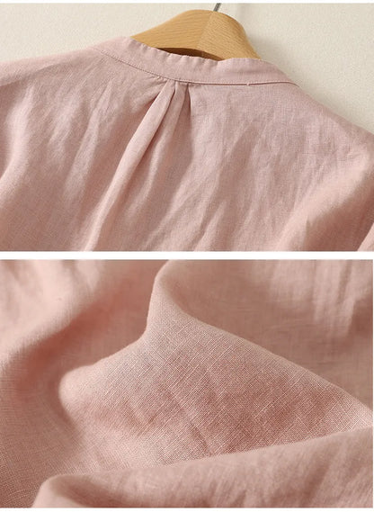 M-2XL ナチュラル 刺繍 レトロ 綿麻 立襟 五分袖 無地 シャツ