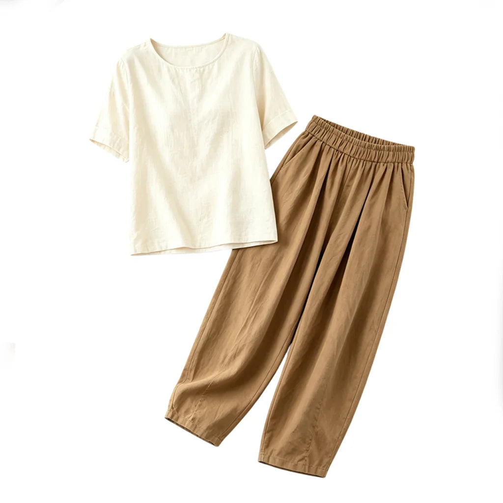 【2点セット】クルーネック綿麻半袖トップ×サルエルパンツ