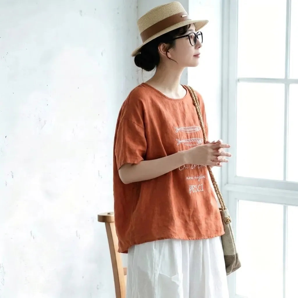 フリーサイズ リネン ラウンドネック プリント 半袖 レトロ Tシャツ
