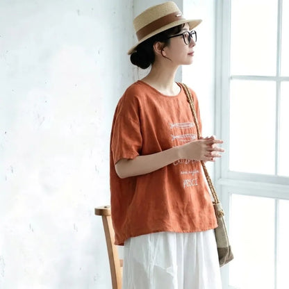 フリーサイズ リネン ラウンドネック プリント 半袖 レトロ Tシャツ