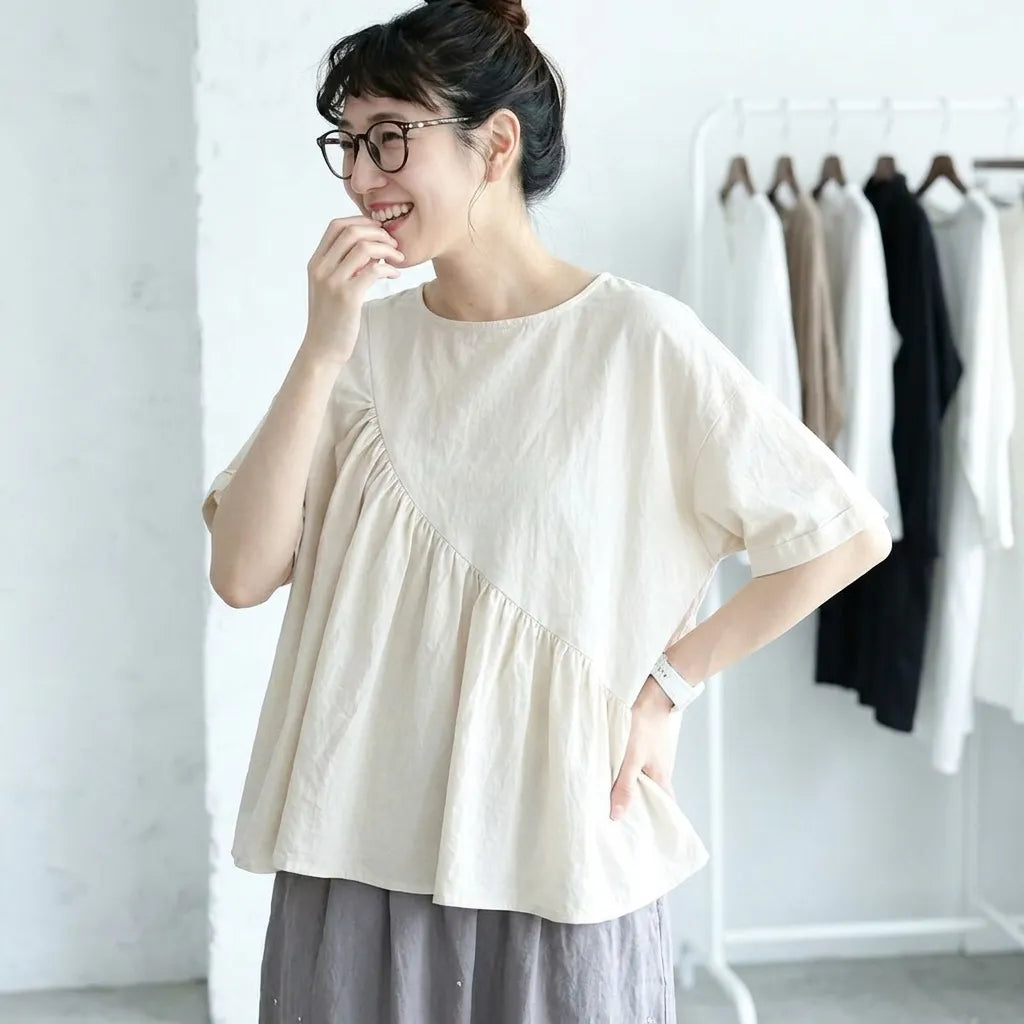 S-4XL ラウンドネック プルオーバー 半袖 プリーツ 無地 ファッション Tシャツ