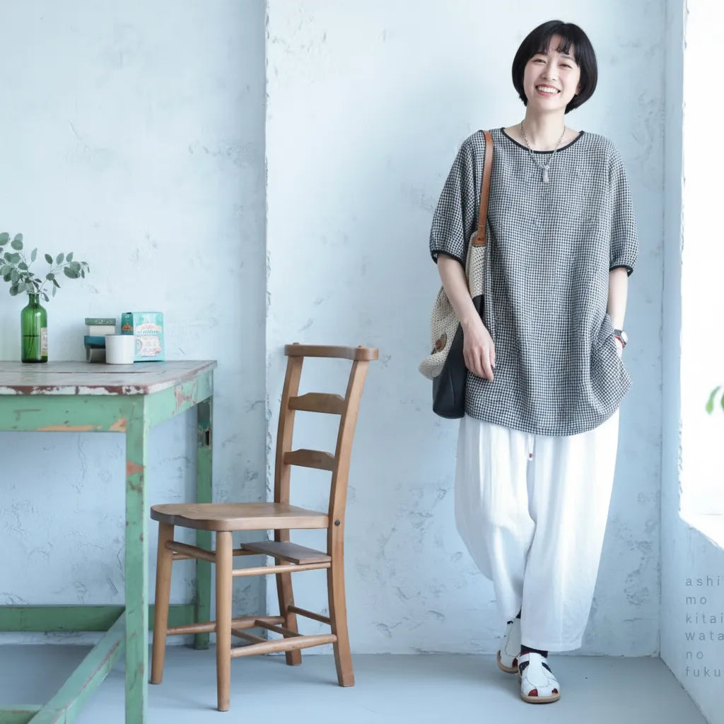 M-2XL 白黒チェック ゆったりチュニック 風通し良く ピクニックや散歩に