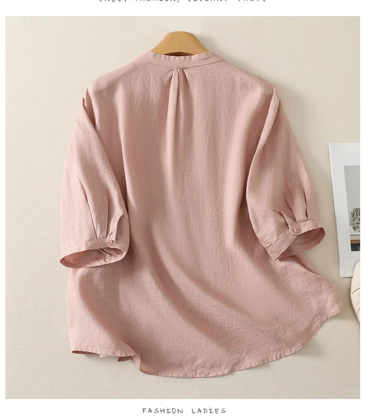 M-2XL ナチュラル 刺繍 レトロ 綿麻 立襟 五分袖 無地 シャツ