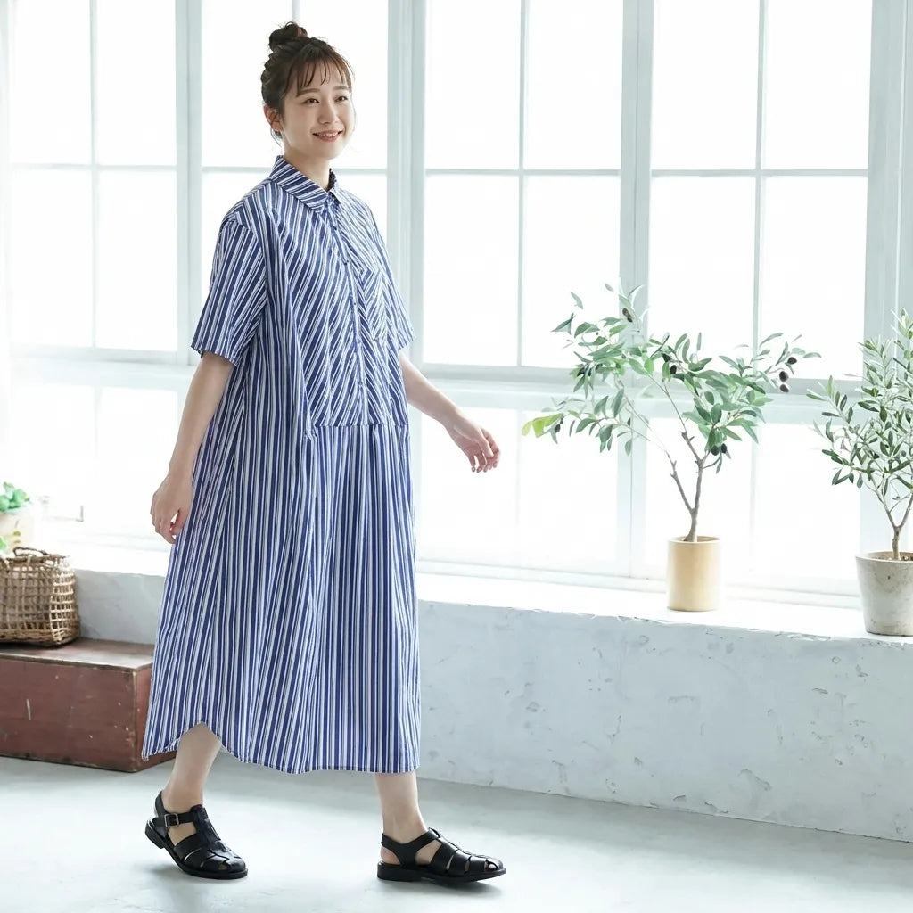 ふんわりボーダー柄切替ゆるシルエット体型カバーワンピース
