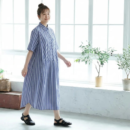ふんわりボーダー柄切替ゆるシルエット体型カバーワンピース