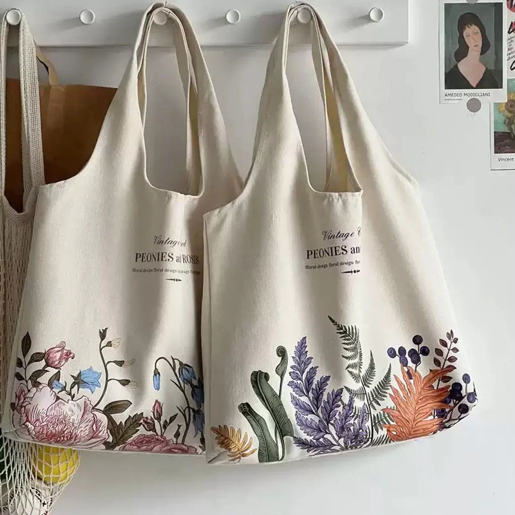 しっかり厚手肩掛けマルシェな草花バッグ