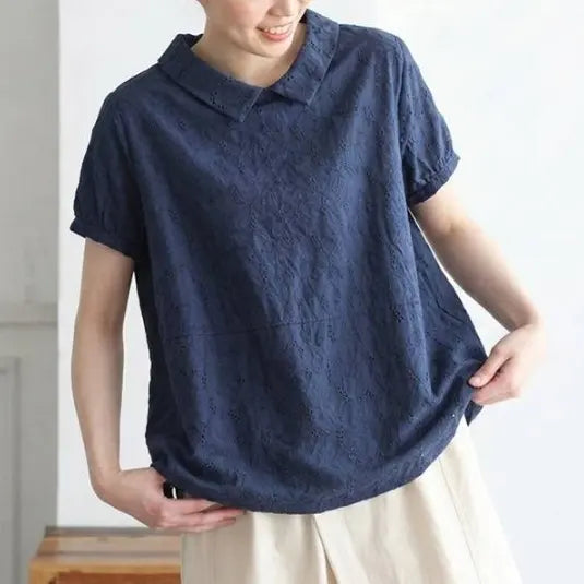 ナチュラル M~2XL リラックス＆レトロな夏の定番アイテム 半袖ブラウス/ダボシャツ・ラクに着られる