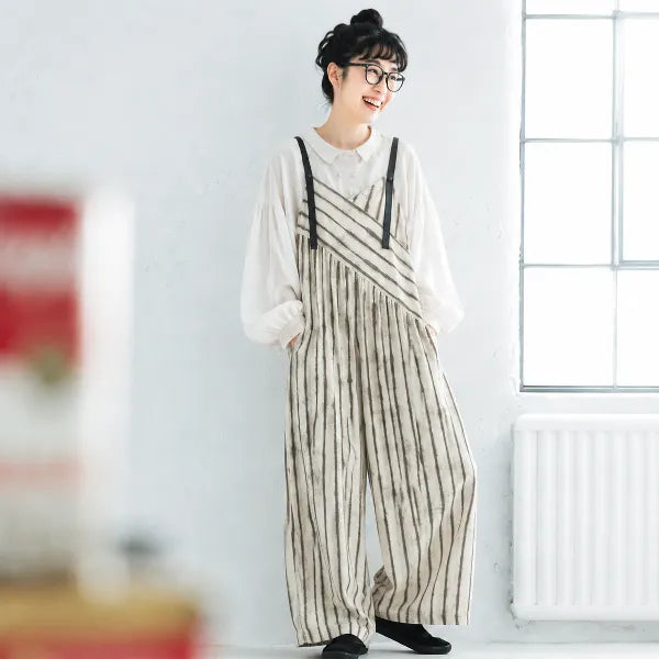 M-XL ロング丈 ハイウエスト ボーダー 半袖 カジュアル オールインワン
