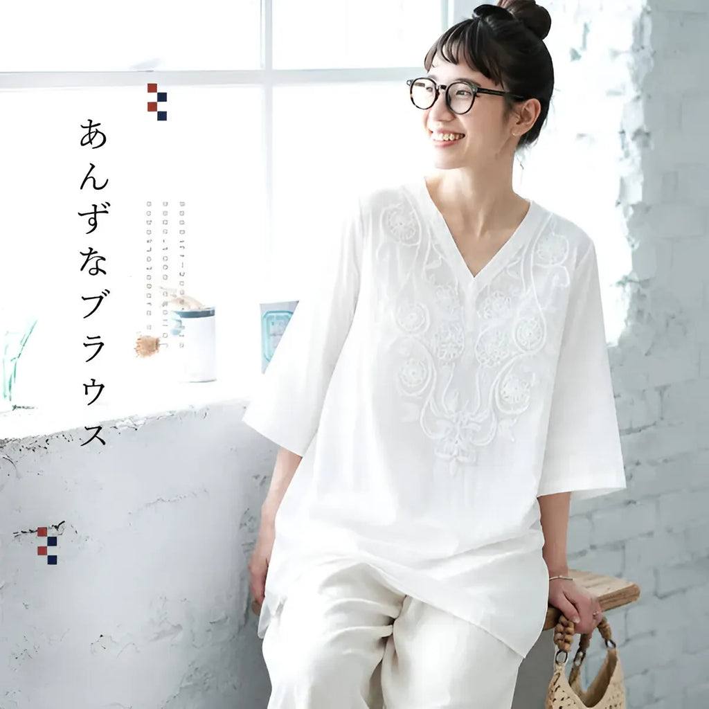 『大人が着たいアイテム』M-4XL 刺繍 Vネック 半袖 ミディアム丈 カジュアル チュニック
