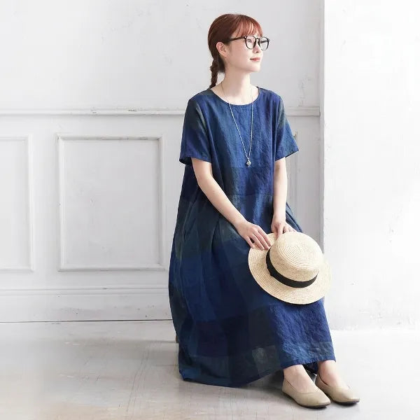 M-2XL 綿麻 チェック柄 Aライン 半袖 カジュアル 半袖ワンピース