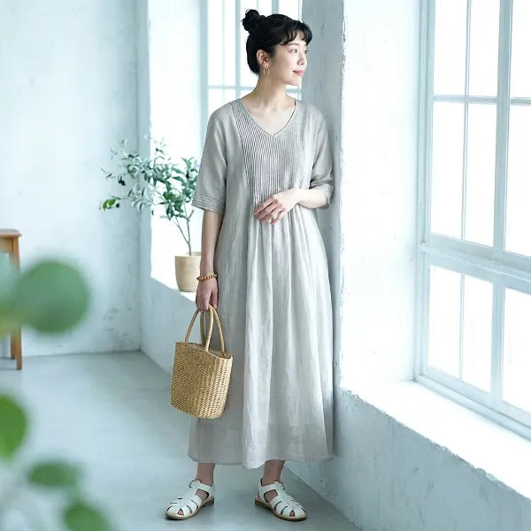 【リネン】M-2XL 袖あり！Vネック 五分袖 Aライン なみなみタック 着心地が良い ワンピース