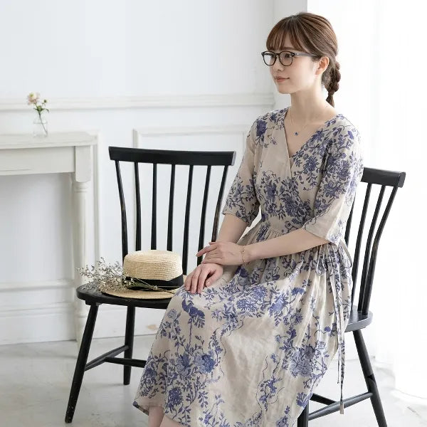 M~2XL ラミー Vネック プリント 七分袖 脚長効果 デイリー ワンピース