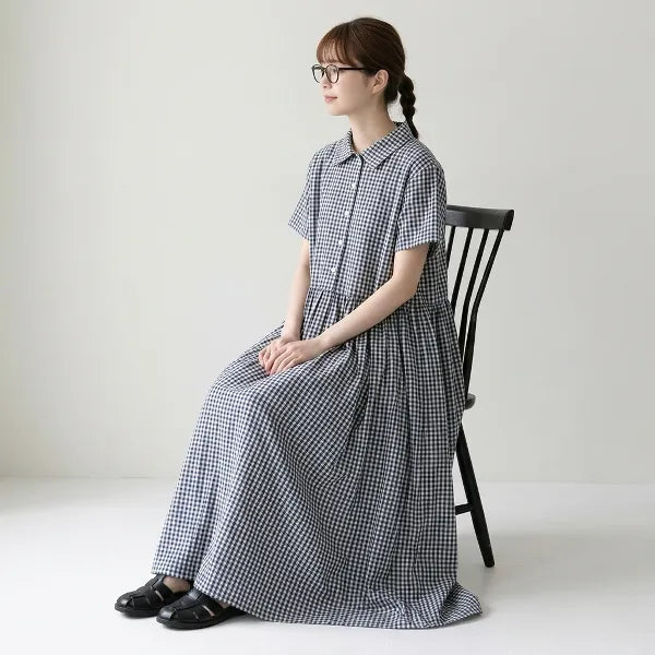 M-2XL 綿麻 POLOネック チェック柄 | デイリー ワンピース