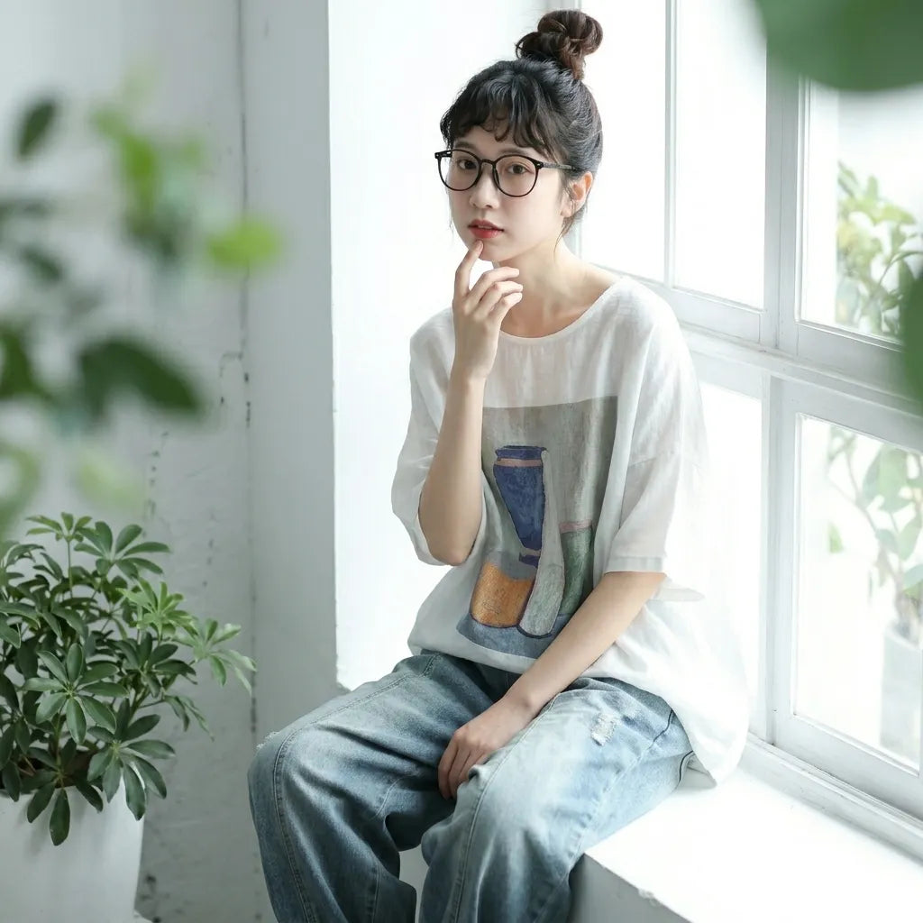 M-3XL 綿麻 通気性良い プリント ラウンドネック レトロ Tシャツ