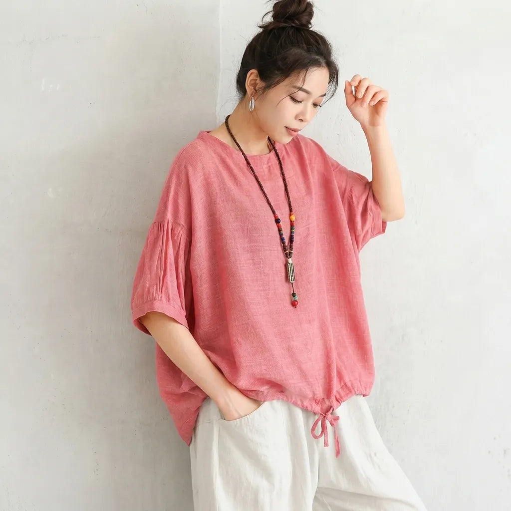 【ラクに着られる】S-4XL 綿麻 大人ナチュラル 心地よい 五分袖 ドルマンスリーブ Tシャツ