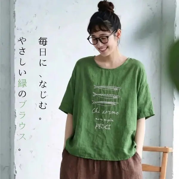 フリーサイズ リネン ラウンドネック プリント 半袖 レトロ Tシャツ