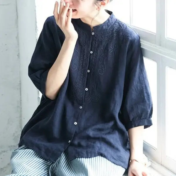 M-2XL 綿麻 ゆったり刺繍シャツ 柔らか肌触り 毎日使える