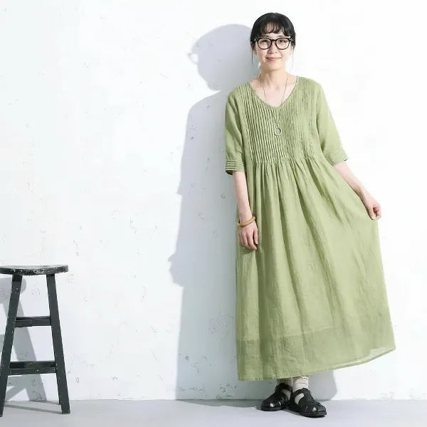 【リネン】M-2XL 袖あり！Vネック 五分袖 Aライン なみなみタック 着心地が良い ワンピース