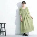 【リネン】M-2XL 袖あり！Vネック 五分袖 Aライン なみなみタック 着心地が良い ワンピース