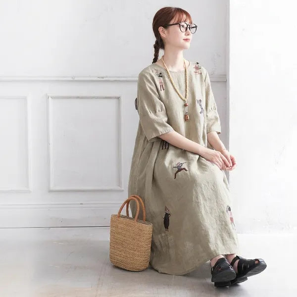 M-2XL リネン 刺繍 丸首 半袖 Aライン ワンピース