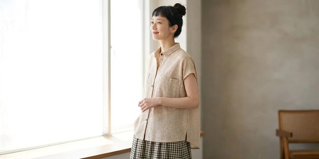 さらり先染綿麻ボーダー上品カラー万能半袖シャツ