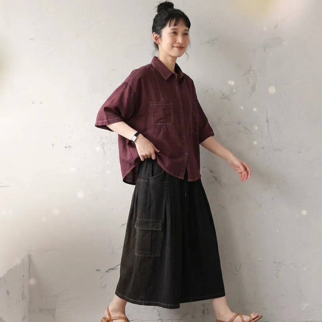 デザイン性あり 5 分袖ゆるカジュアルシャツ