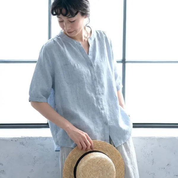 【綿麻】ゆったり シングルボタン 体型カバー 大人カジュアル レディース 半袖Tシャツ