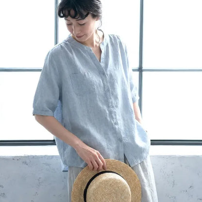 【綿麻】ゆったり シングルボタン 体型カバー 大人カジュアル レディース 半袖Tシャツ