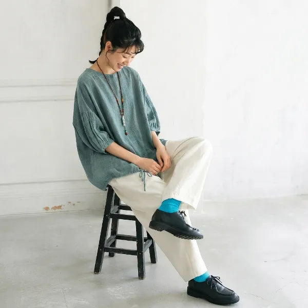 【ラクに着られる】S-4XL 綿麻 大人ナチュラル 心地よい 五分袖 ドルマンスリーブ Tシャツ
