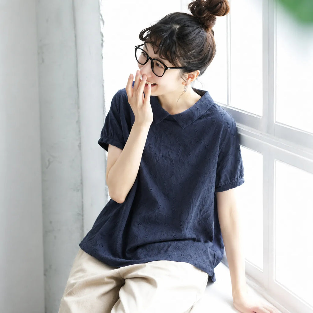 ナチュラル M~2XL リラックス＆レトロな夏の定番アイテム 半袖ブラウス/ダボシャツ・ラクに着られる