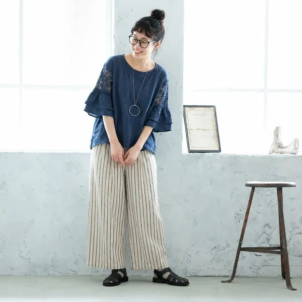 女性に大人気M-XL 五分袖 アンクル丈（9分丈） フレアスリーブ ストライプ柄 無地 カジュアル