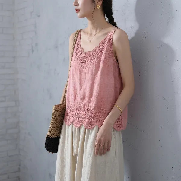 M-2XL 綿麻 レース 透かし彫り 刺繍 レトロ タンクトップ/キャミソール