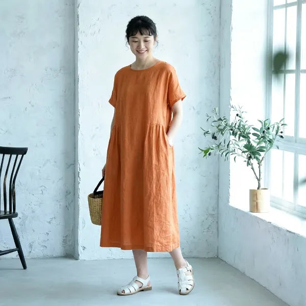 M-4XL 綿麻 無地 半袖 Aライン プリーツ カジュアル 半袖 中長 ワンピース